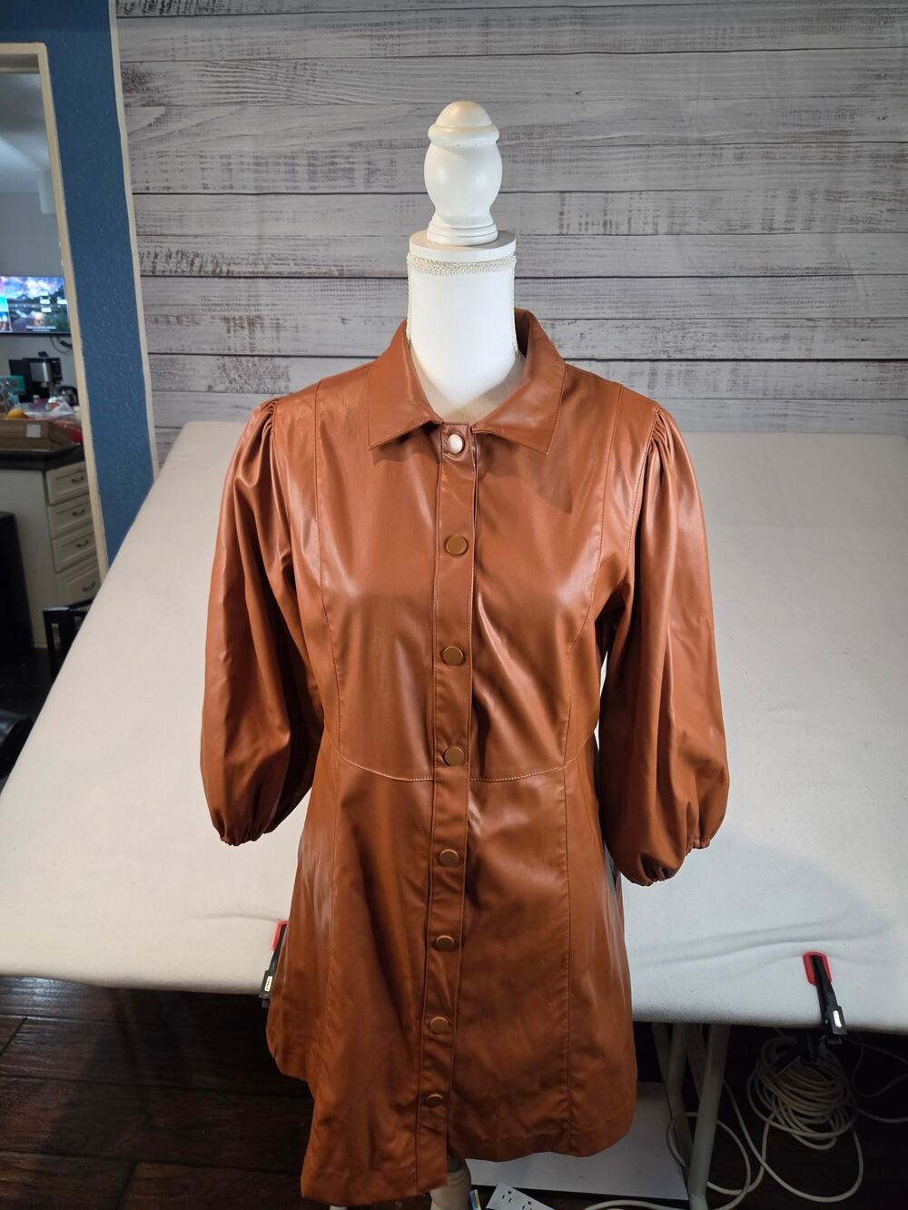 Karlie Camel Faux Leather Puff Sleeve Shirt Jacket Shacket Size S